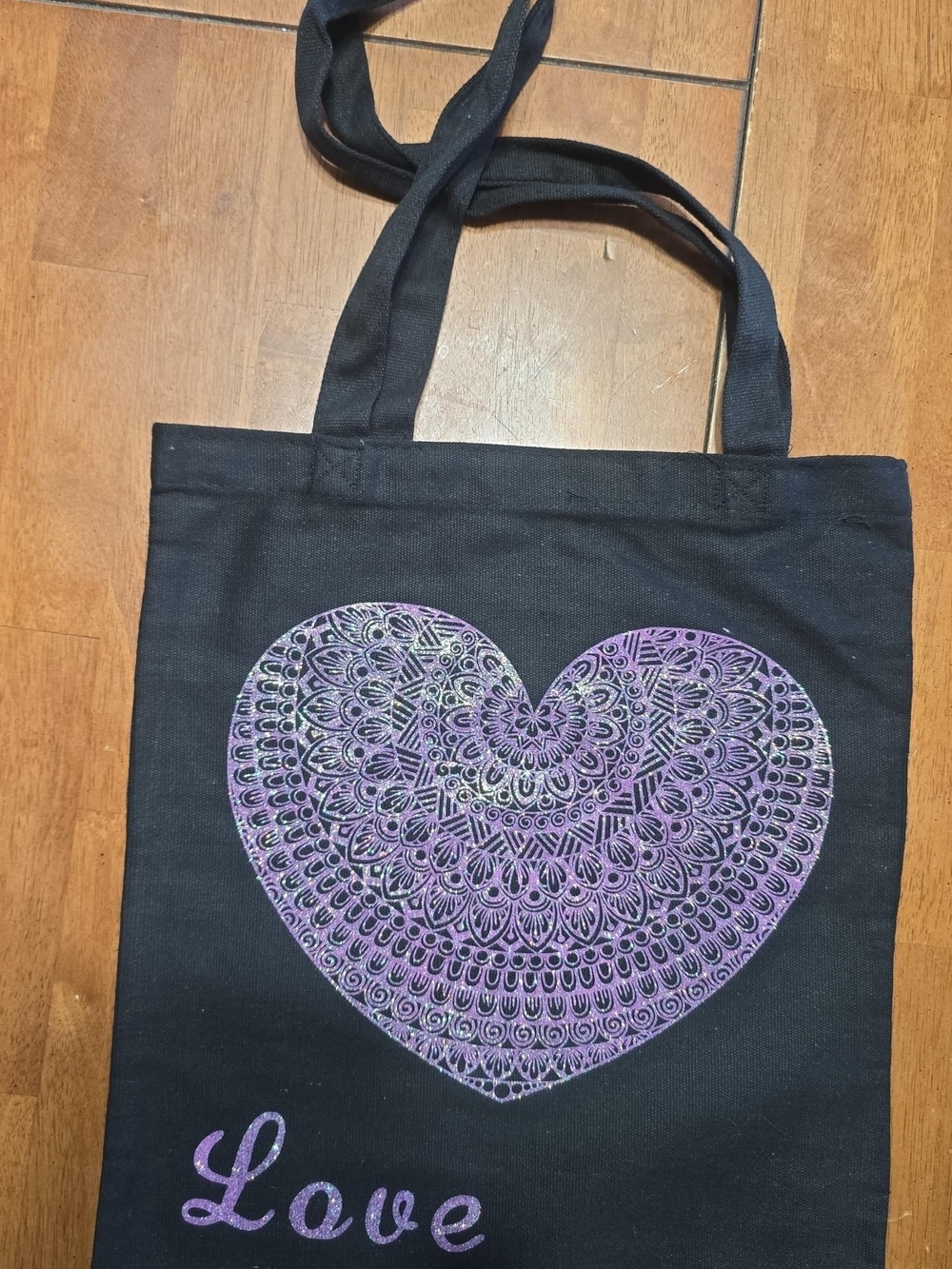Black Heavy Canvas Tote Bag with Pink/Purple Heart Design - "Love" Print